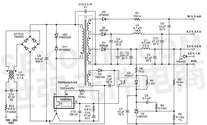 應用採用低成本dip8封裝反激式電源ictop242pn在7wdvbt電源中的應用