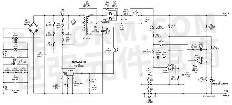 圖3是該70w反激式充電器電源的電路圖,分為emi濾波/整流,反激式轉換器